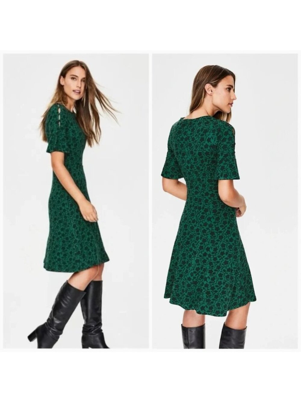 EUC Fall Boden Dress Green Enchanted Floral Vine Cut Out Fit Flare Knee Length 4